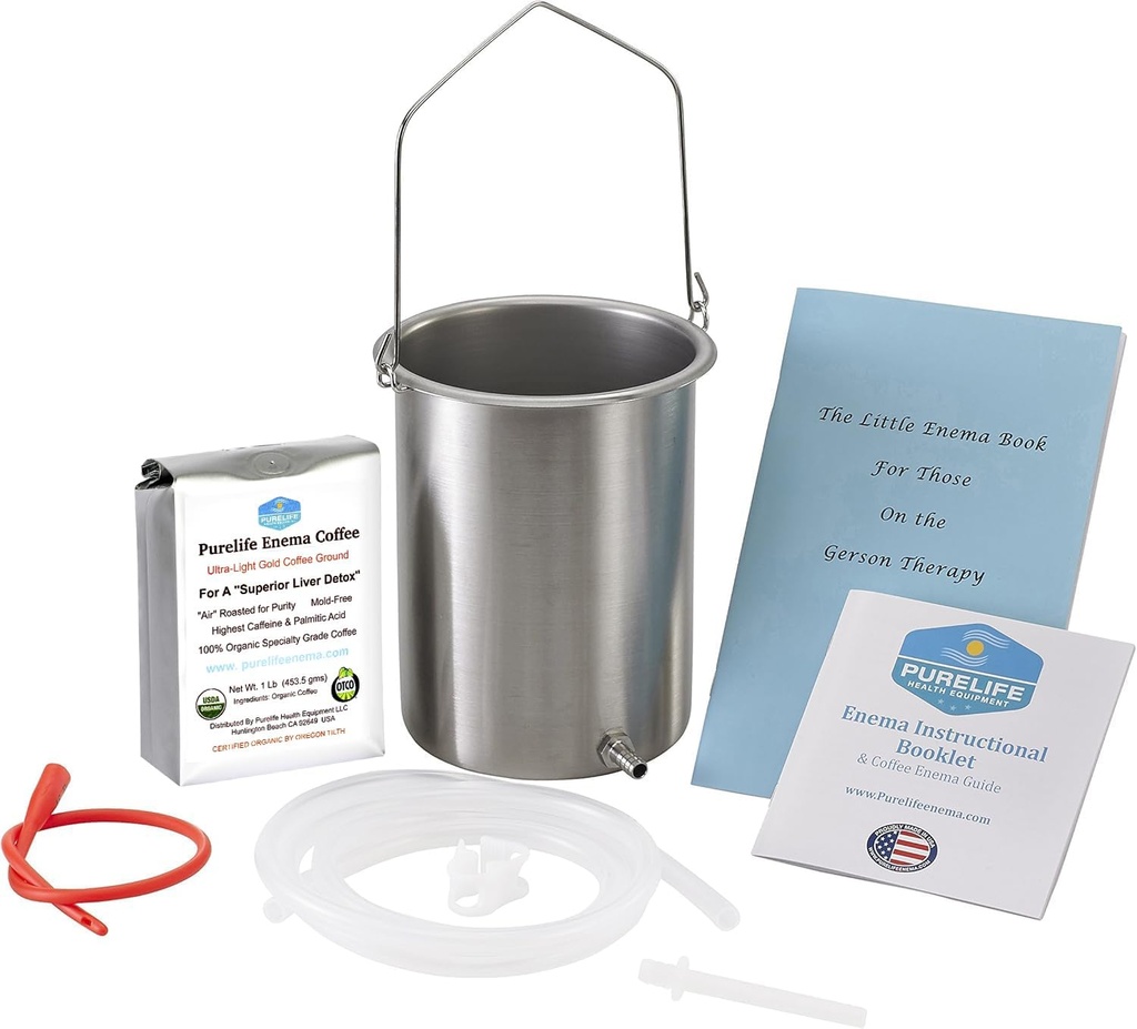 Purelife Detox Coffee Enema Kit - Made in USA - 2 Qt / Superior Non Toxic Made in USA Quality / 1 lb Purelife Ultra Light Gold Enema Coffee - Lab Tested with no mycotoxins- Silicone Tubing