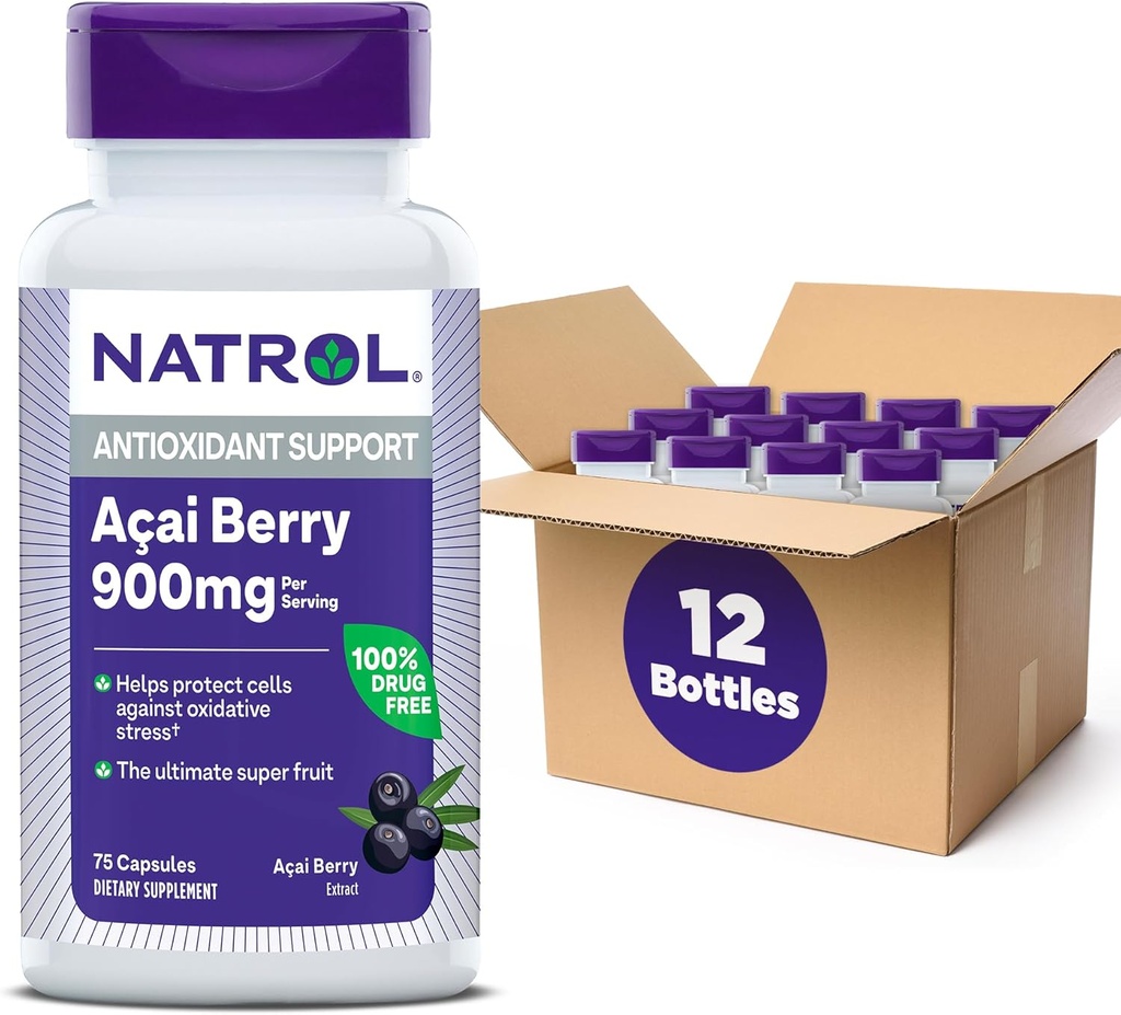 Natrol Acai Berry, Dieta Priedas, Antioksidantas apsauga ir gynyba, Ultimate Super Vaisiai, 900 mg Veggie kapsulės, 75 Count (Pack of 12)