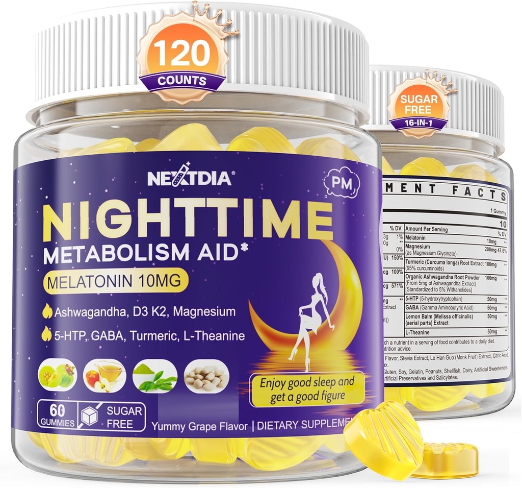 Melatonin 10mmg Grulandes, Time de nit Metabolisme Gumpts per a adults, Crusssing Exces Hoarding Mentre Resten, Promote saluty Zruzs, amb Magnesi, Ashwadha, 5-HTP, GABA, 100% drogues FreeSgar, 2Packs