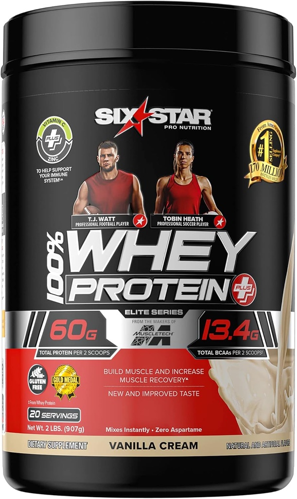 Whey Protein Powder + Immune Support | Six Star Whey Protein Plus | Whey Protein Isolate & Peptides + Muscle Builder | Lean Protein Powder Muscle Gain & Recovery | Vanilla, 2lbs
