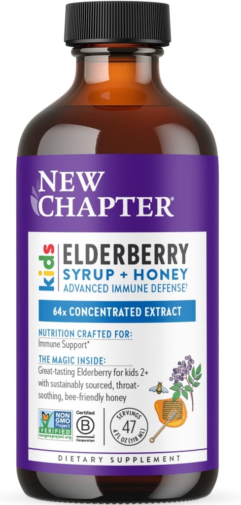 Yeni Bölüm Elderberry Kids Syrup, Böyük Britaniyalar üçün Advanced Immune Müdafiə 2+, 64x Focusd Yaşlıberry, Throat-Soothing Grade A Bal, Qeyri-GMO layihəsi, 4 Fl Ounce