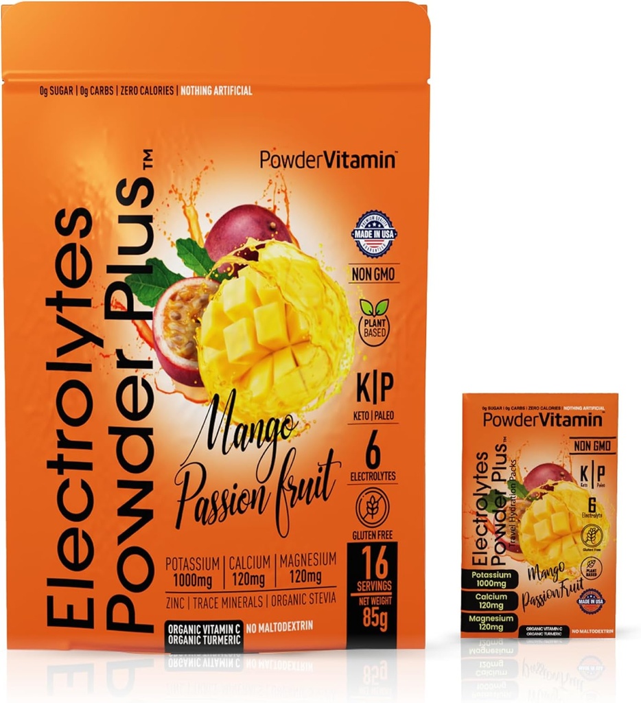 PóVitamina Eletrólitos Pó Plus, Keto, Mango Maracujá, Livre de Açúcar, Sal rosa Himalaia, 1000mg Potássio, 120mg Cálcio, 120mg Magnésio, Não-GMO, Zero Calorias, (16Hidração Packets)