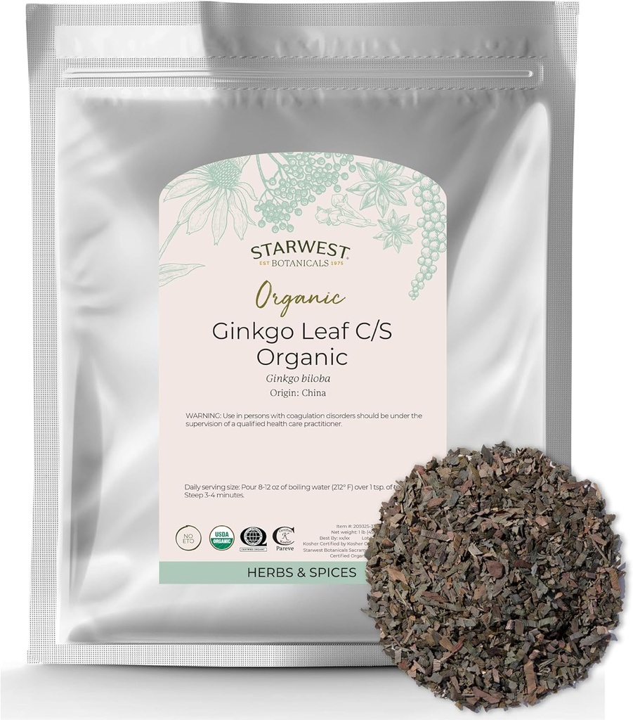 Starwest Botanicals Organic Ginkgo Leaf - Ginkgo Biloba, Dried Loose Leaf Herb for Tea, Capsules, & Herbal Blends, Cut & Sifted, Certified Kosher, Non-GMO - Bulk 1 lb Bag