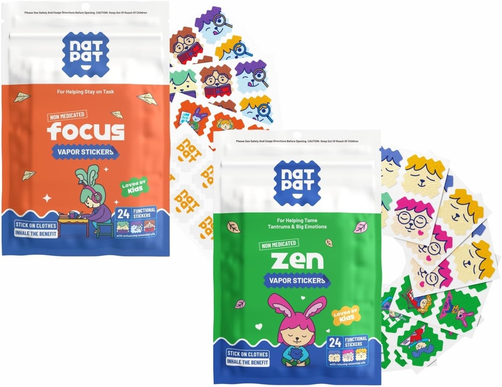 NATPAT FocusPatch (1 Pack) i ZenPatch (1 Pack) Bundle - 24 Focus Enhancing Stickers i 24 Calm Enhancing Stickers - Chemical Free, Natural Relief for Focus and Mood Support