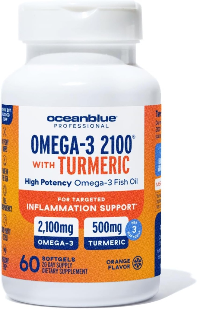 Oceanblue 2100 Triple Stärke Omega-3 Fischöl mit Turmeric | Burpless Omega 3 Combo Ergänzung mit Curcumin EPA DHA DPA| Herz und Joint Support | 60 Softgels