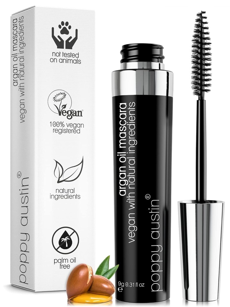 Poppy Austin Organic Mascara, Natural, Vegan, Paraben-Free, Cruelty-Free - Hipoallergenic Mascara Lengthening & Volumizing with Argan Oil - 0.31 Fl Oz (Black)