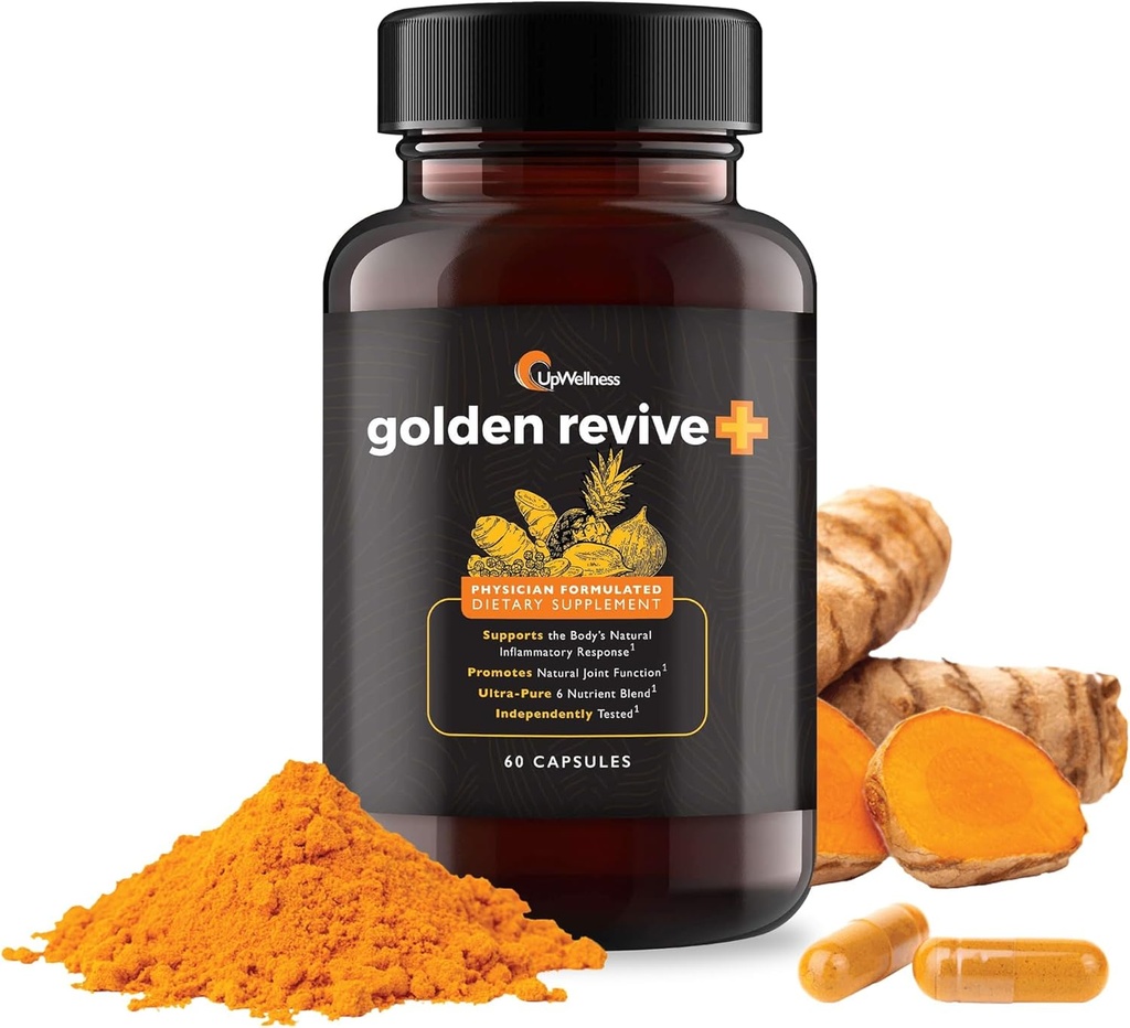 UpWellness Golden Revive + Joint Support Supplement med gurkmeja med svartpeppar, Quercetin och Magnesium- gurkmeja Boswellia Supplement - 6 Aktiva ingredienser för gemensam vård - 60 kapslar