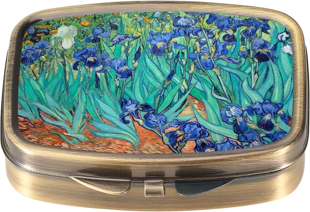 Dynippy Pill Case Pill Box so Zrkadlom Retro Pocket 2 Oddelenie Medicína Prípad Vitamín Pill Organizátor pre vreckové Purse a cestovanie (A-Van Gogh Irises)