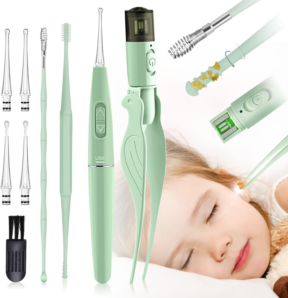 Ear Wax Removal Tools, 9 Pack oor reinigingshulpmiddel,Ear Pick met 2 LED-verlichting, ingebouwde USB oor Wax Verwijderaar voor kinderen en volwassenen