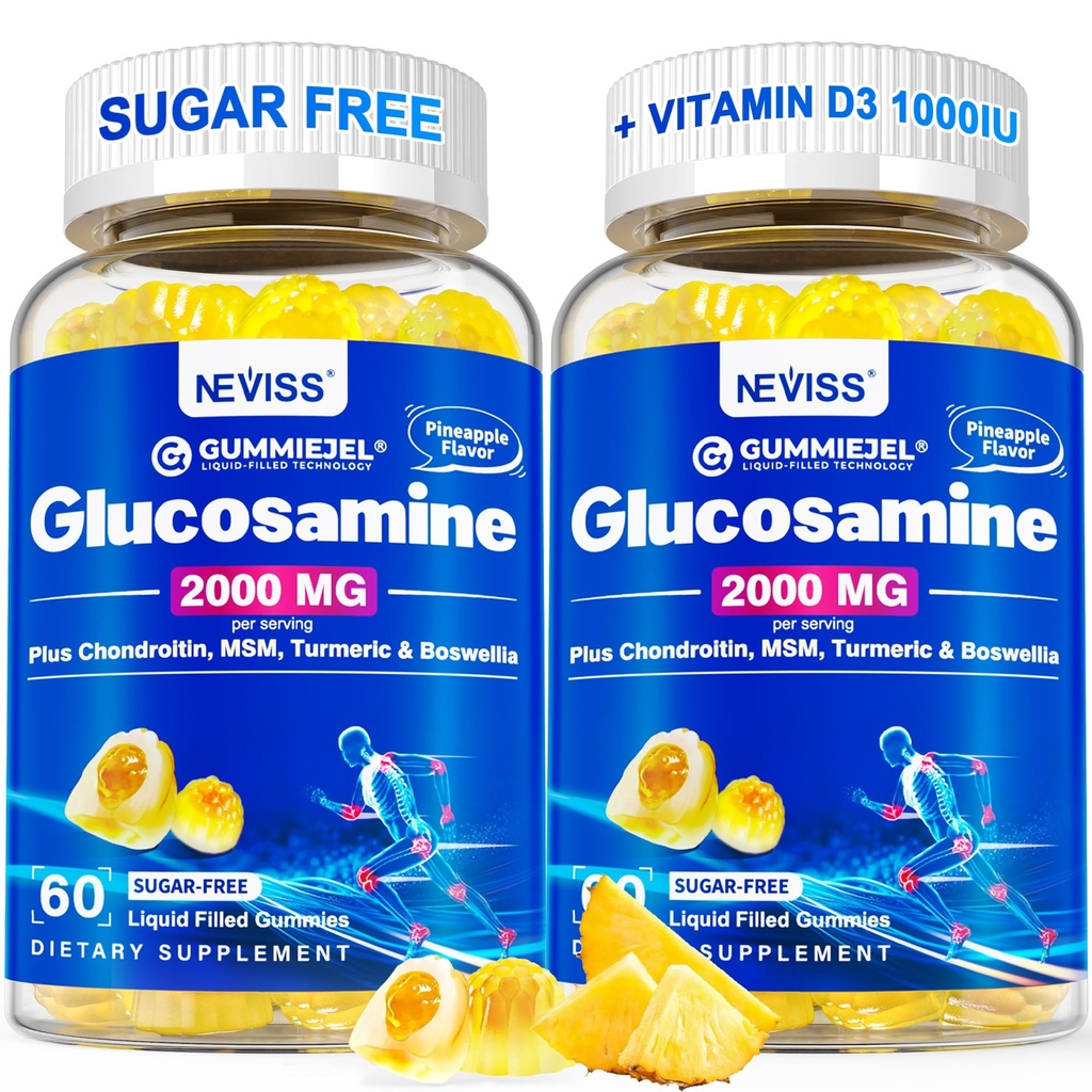 NEVISS Sugar Free Glucosamine Filled Gummies - Glucosamine Supplement Plus Chondroitin, MSM, Turmeric, Boswellia, Hyaluronic Acid, Vitamin D3 & Zinc, 120 Gummies, 60 Servings