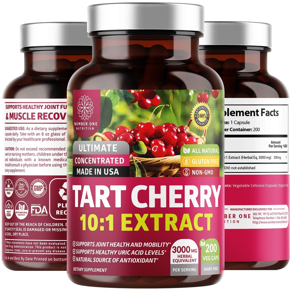 N1N Premium Tart Cherry Extract Capsules, 200 Veg Caps, 3000 mg, Powerful Antioxidant, Joint Health and Mobility, Non-GMO, Gluten Free, 200 Veggie Caps