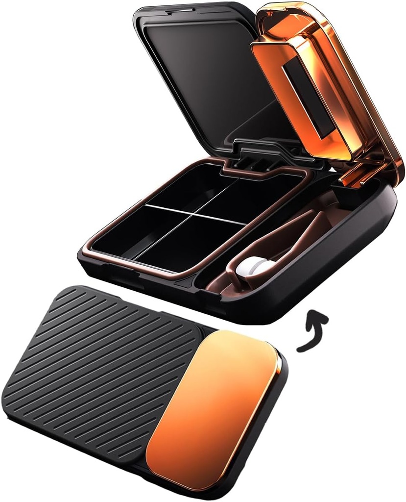 MURRI&MURRDI pilleri Organizer ja Crusher, Kannettava pilleri Splitter ja Cutter, Medicine Case 4 solujen Vitamiinin välittäjä haltija (D Black)