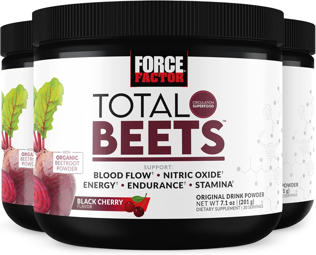 FORCE FACTOR Total Beets Superfood Beet Root Powder 3-Pack은 순환, 혈액 흐름, 질소 산화물, 에너지, 내구시간, 체력, 심혈관 심장 건강 보충교재, 90의 서빙을 지원하는 Nitrates
