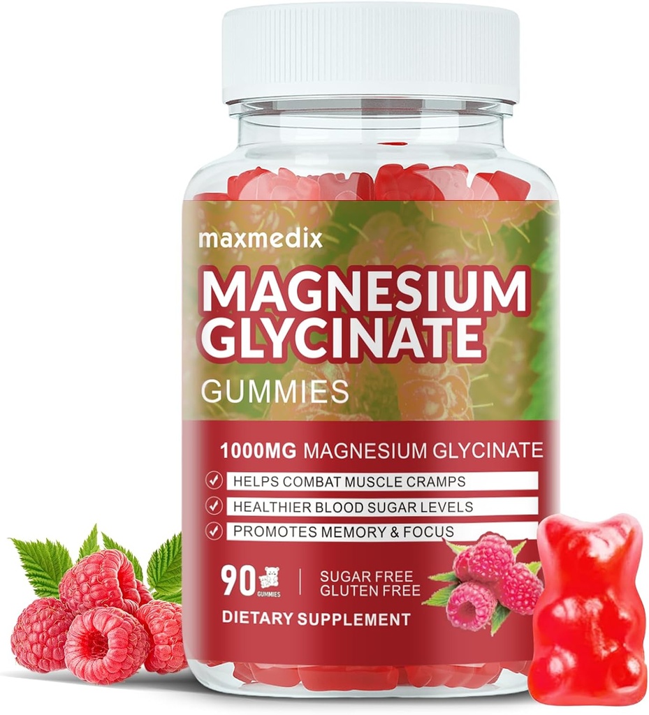 Magnesi Glicinate Glicizets 1000mmg, Sugar Free Magnesi Potassi suplementaris per adults amb L-Threonte per a dormir, suport al cos i tranquil·litat,90 Raspberry Gabytes