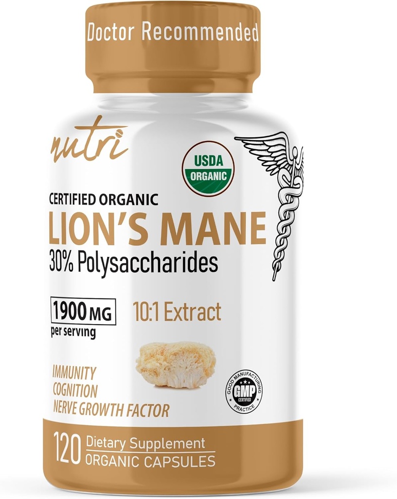Nature's Fusions Nutri Organic Lions Mane Appliment капсули - 1900 mg, 10:1 Dual Extraction, 120 Count - екстракт от гъби (Fruiting Body) - трета страна тестван