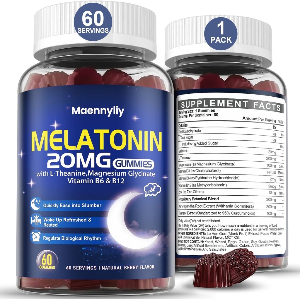 Melatonin 20mg Gummie pro dospělé - Cukr bez melatonin Gummie Extra Síla s L- Theanine, Magnesium, Ashwagandha, Kurkuma, D3 & Zinek - Non- Habit Forming