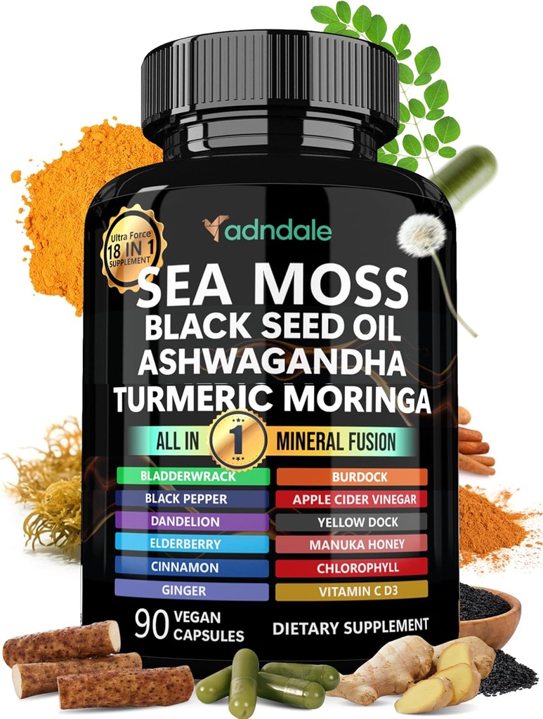 Adndale Moss Black Seed Oil Ashwagandha Ginger Kapsle. SeaMoss Kapsle s Black Seed Oil, Ashwagandha, Turmeric, Moringa, Bladderwrack, Burdock Root, Manuka Honey, Skořice
