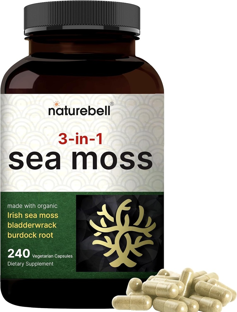 Irish Sea Mossss כמוסות, 3,000 מ"ג פרי המשרתת, 240 Veggie Pills | Made with Organic Raw, Plus Bladderwrack & Burdock Root, Sea ירקות Complex - Immune & Thyroid Superfood Support - Non-GMO