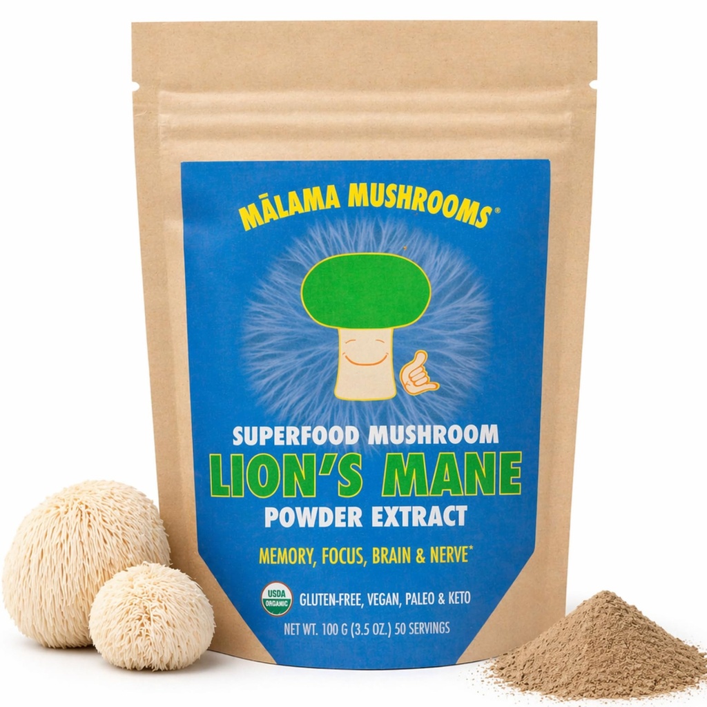 Lion's Mane Extract Powder by Malama, Organic Fruiting Body Lions Mane Mushroom Powder, Superfood Adaptogenic, Supports Memory, Focus, Brain, & Nerves