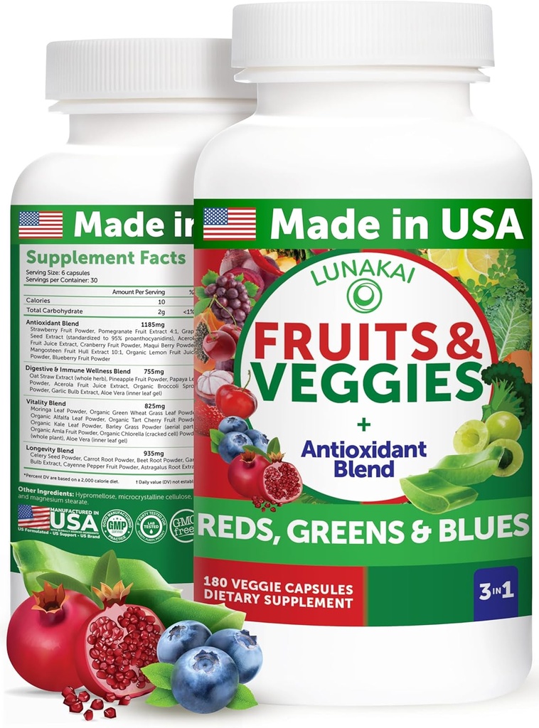 Lunakai USA Made Superfood Fruit & Veggies Supplement - All-in-One with 4 Blends & Scented Capsules, 180ct Super Veggie Capsules for Adults