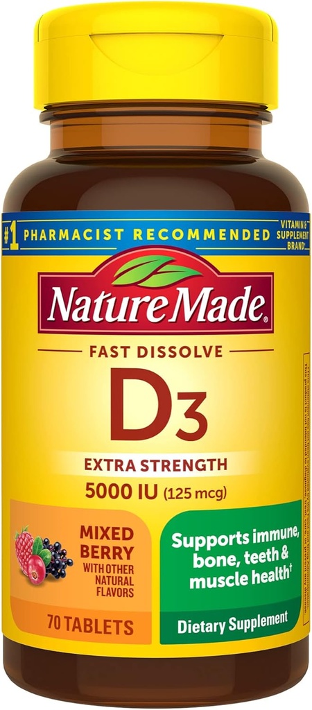 Nature Made Vitamin D3 5000 IE (125 mcg) Extra sterkte, Vitamine D supplement voor Immune Support, 70 Sugar Free Fast Solution Tablets, 70 dagen levering