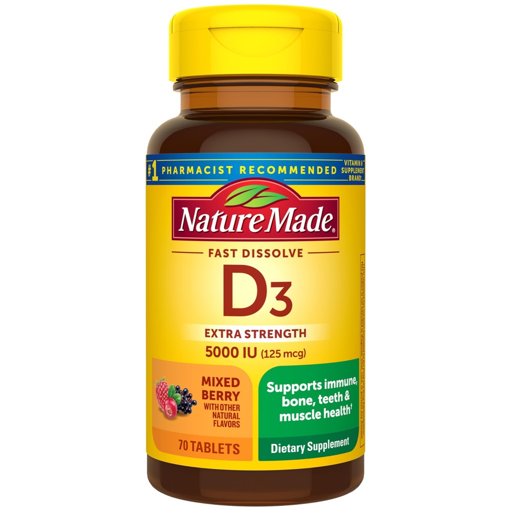 Nature Made Vitamin D3 5000 IU (125 mcg) Extra Strength, Vitamin D Supplement for Immune Support, 70 Sugar Free Fast Dissolve Tablets, 70 Day Supply