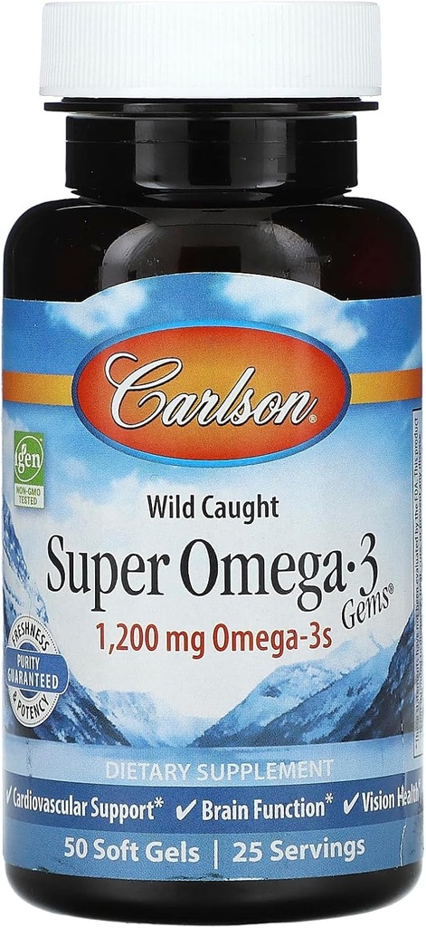 Carlson - Super Omega-3 Gems, 1200 mg Omega-3s, Divji ujet, trajnostno izvorno, 50 mehkih gelov