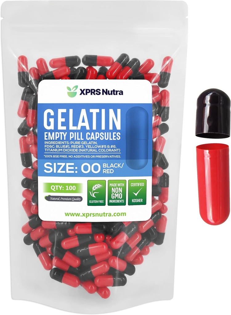 XPRS Nutra Size 00 Empty Capsules - 100 Count Empty Gelatin Capsules - Pills DIY Capsule Filling - Fillable Pill Gel Caps for Do-It-Yourself Supplements (Black/Red)