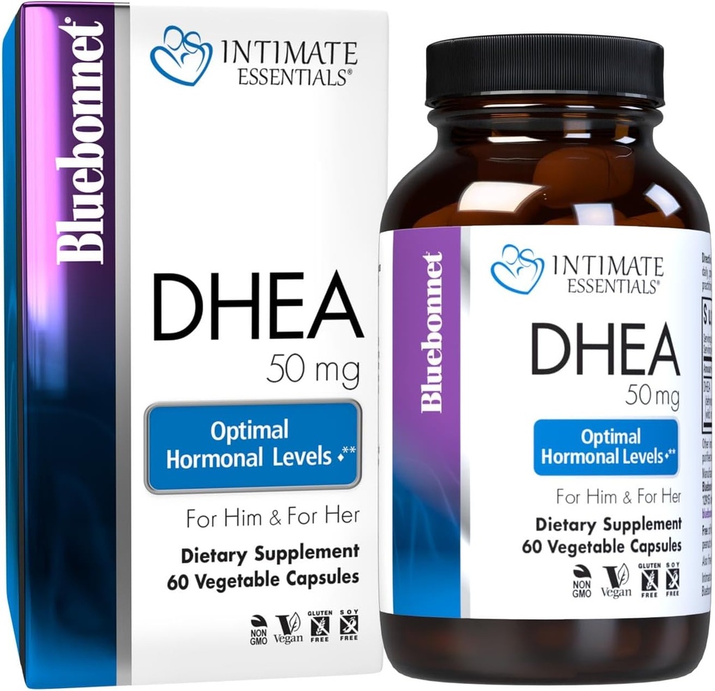 BlueBonnet Nutrition Intimate Essentials DHEA 50mg, Hem Men və Qadınlarda Fertility funksiyası və Optimal Hormon Levels üçün *, Qeyri-GMO, Vegan, Gluten-Free, 60 Bitki Kapsülləri, 60 Xidmət