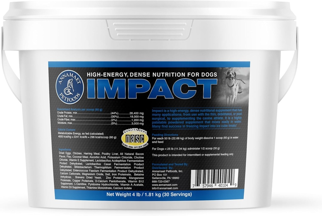 Annamaet Impacto - High-Energy Dense Nutrition Supplement for Dogs - axuda a soportar peso saudable en atletas caninos, cans post-cirúrxicos e cans con metabolismo rápido - 4 lb