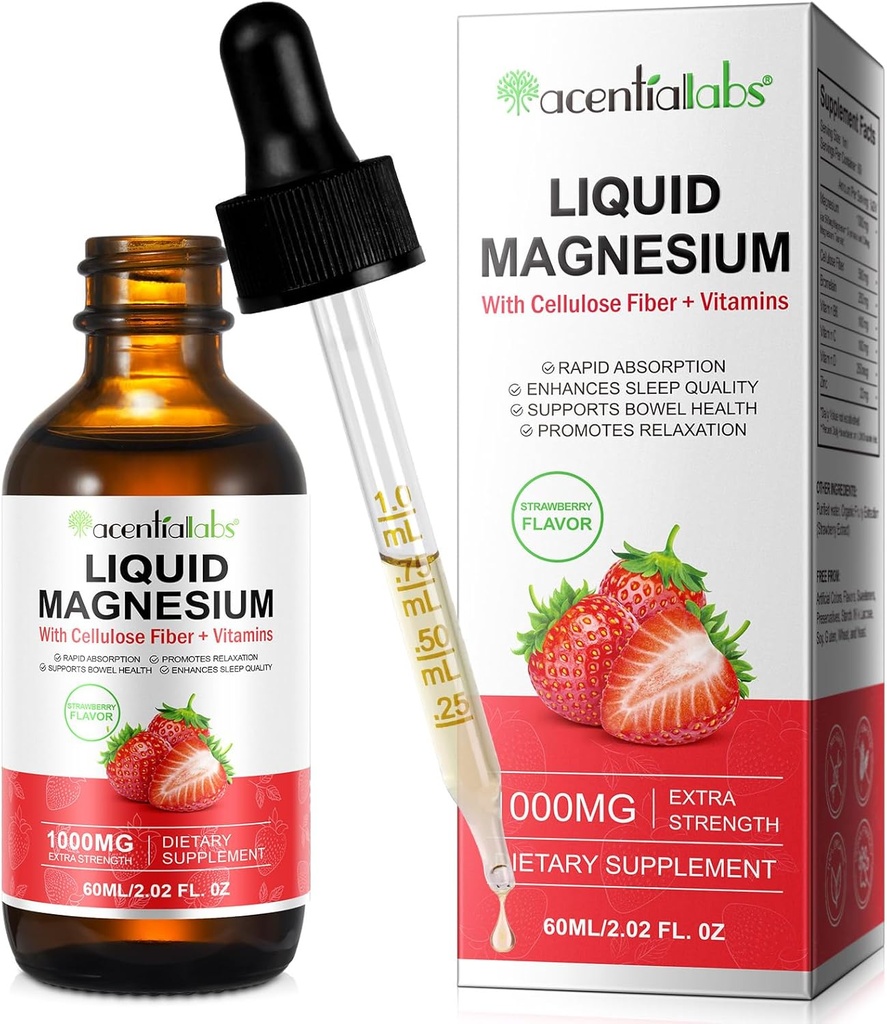 Magnesio Glycinate Liquido, Magnesio Liquido 1000Mg, Gocce di Magnesio, Supplemento di Magnesio Liquid, con fibra di cellulosa, Vitamina B6, C, D, Zinco, Salute Digestiva,Promotes Rilassamento,Nessuno Zucchero,2 Fl Oz