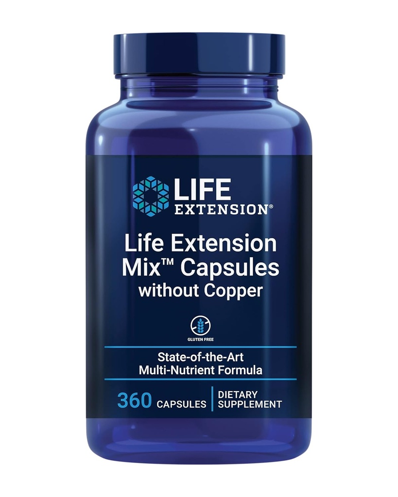 Life Extension Mix ™ kapszula Réz nélkül, nagy potencia, Advanced Vitamin, Ásványi, Gyümölcs- és Növényi Formula, B, C, D, E, a teljes test egészsége, egészséges öregedés, gluténmentes, 360 kapszula
