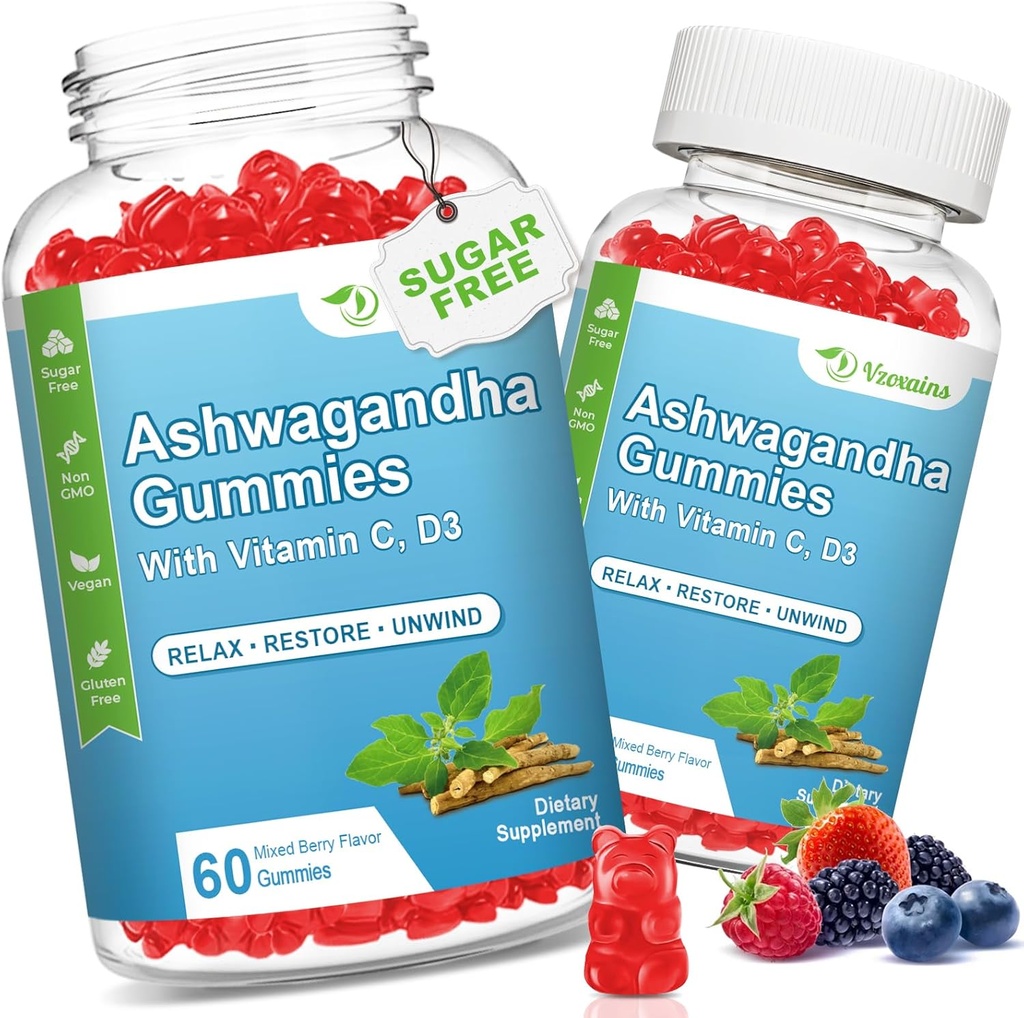 2 Confezione Ashwagandha Gummies con vitamina D per le donne e gli uomini, Zucchero Vegan 1000MG Ashwagandha Supplemento Gummy & Vitamina C, 120 Conte