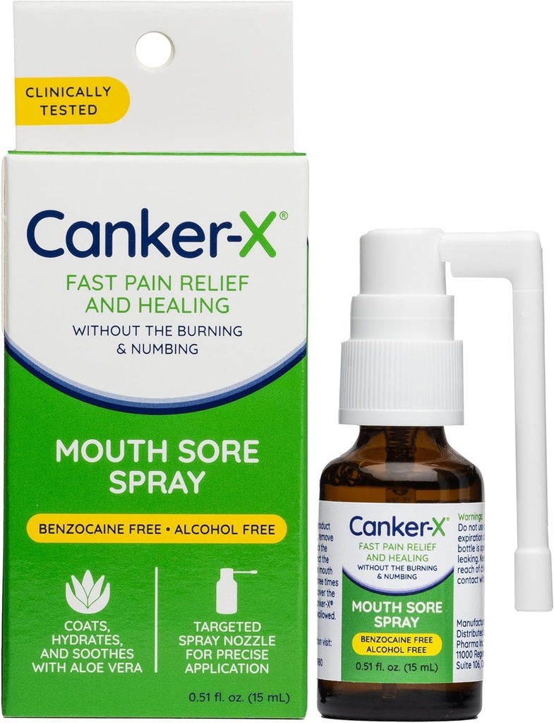 Canker-X Mouth Sore Spray, Oral Pain Relief från Canker Sores, Burns & More, No Burning & Numbing, Benzocaine-Free & Alcohol-Free Mouth Ulcer Treatment, Targeted Spray Nozzle, 0.51 Fl. Oz.