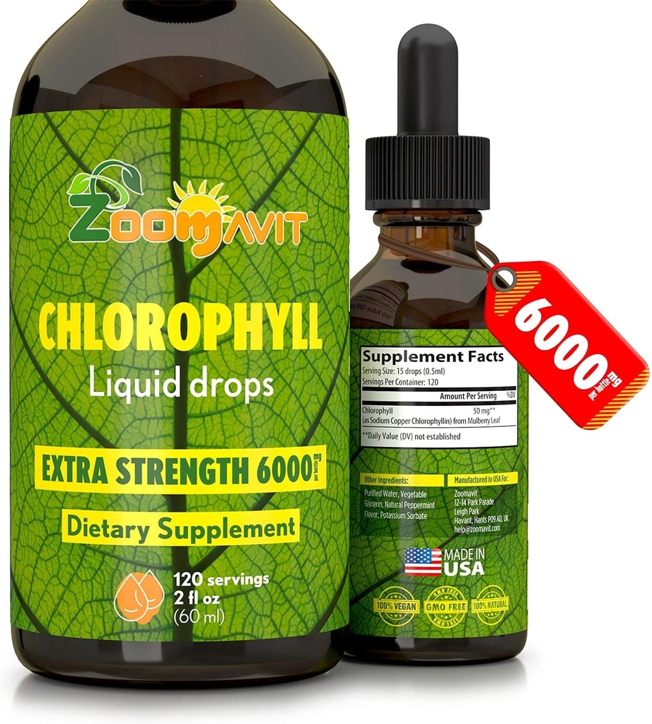Pirophyll Liquid Drops 100% Organic Vegan - Su üçün Mint Flavor ilə Enerji və Immune Sistem Təchizatı - Daxili Deodorant - Extra Strength 6000mg 120 Xidmət