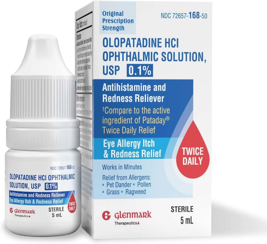 Glenmark Therapeutics Olopatadine Eye Drops for Allergia, Redness Relief, Antihisztamin Eye Drops, Allergia Relief from Pet Dander, Pollen, Grass, Ragweed, Works in Minute, Olopatadine HCl 0,1%, 5ml