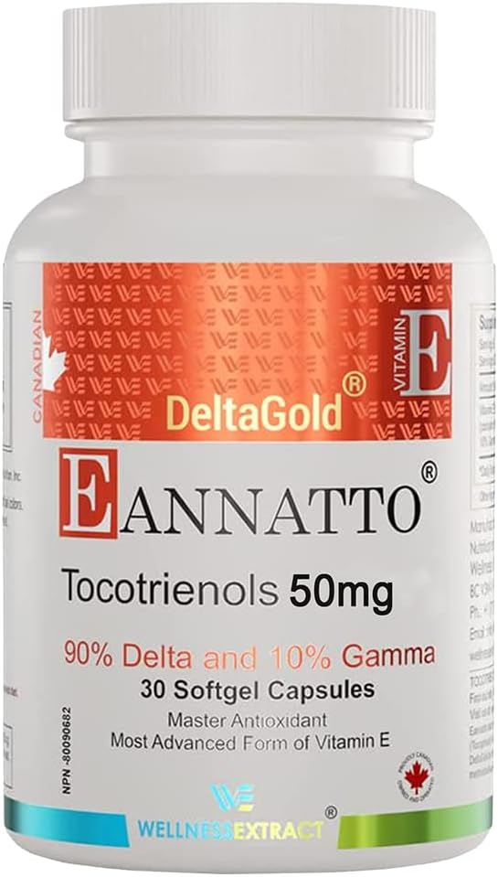 WellNESS EXTRACT Eannatto Tocotrienols Deltagold Vitamin E 补充软胶,Tocopherol Free,支持免疫健康,非GMO,Gluten Free & Antioxidants(50MG 30 Softgels).