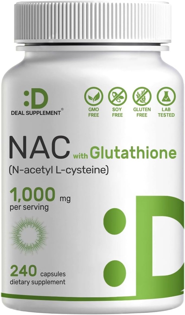 Indeqüent EMENT NAC suplementari (N- Acetyl Cysteine) 1000mmg Per Serviting amb la reducció de la Glutione, 240 Capsules Basvident contra l'Imundent de Sanitat, Lung, & Liver function