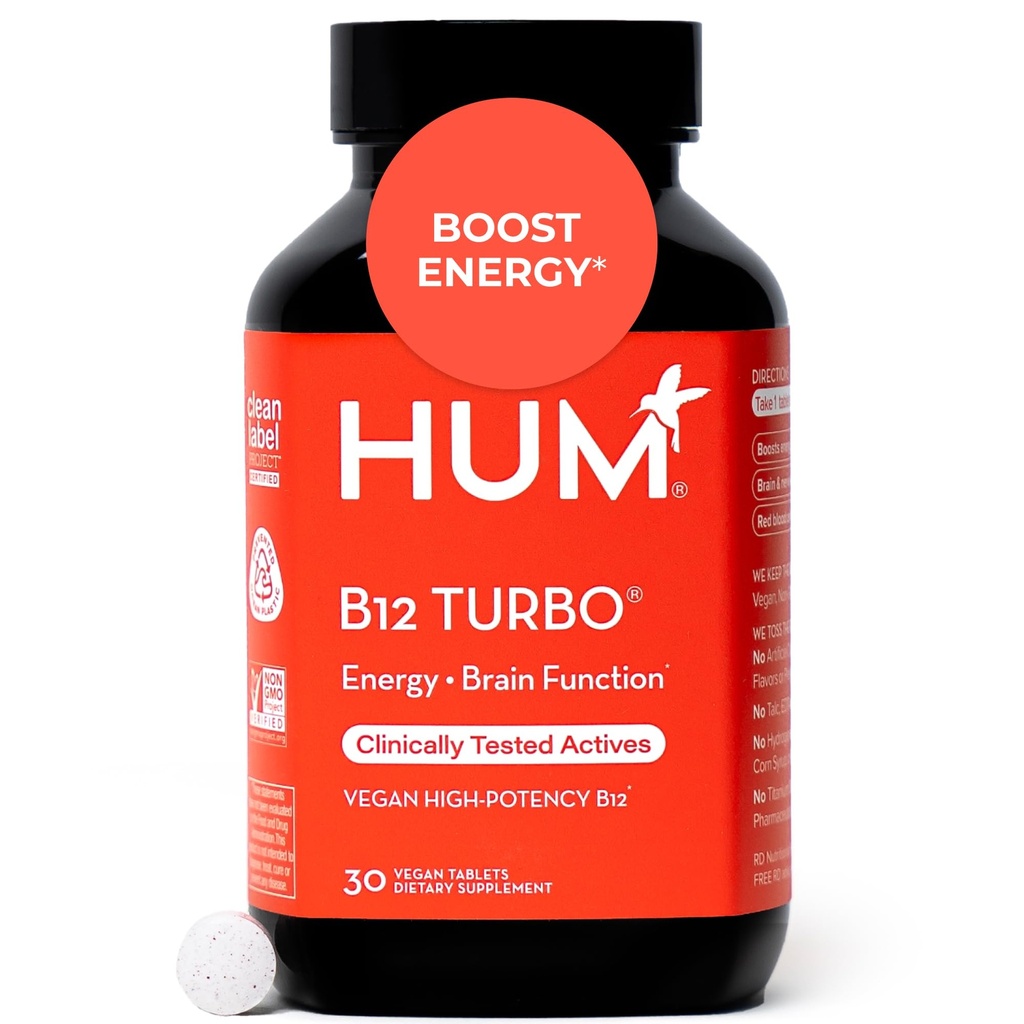 HUM B12 Turbo, Vitamin B12 Supplement, Daily Energy Support, Calcium for Bone Health, B-12 Vitamin Energy Supplements, Gluten Free, Vegan, Non GMO, 30 Vegan High Potency Tablets