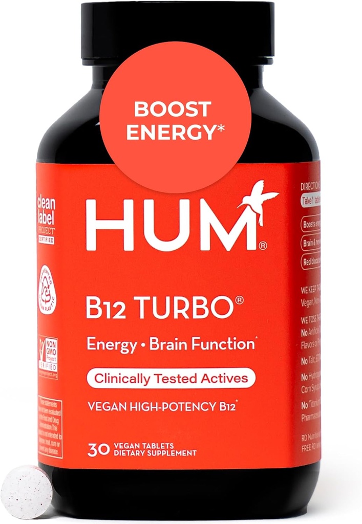 HUM B12 Turbo, supplément de vitamine B12, soutien énergétique quotidien, Calcium pour la santé des os, B-12 suppléments d'énergie de vitamine, sans gluten, végétalien, non OGM, 30 comprimés végétaliens à haute puissance