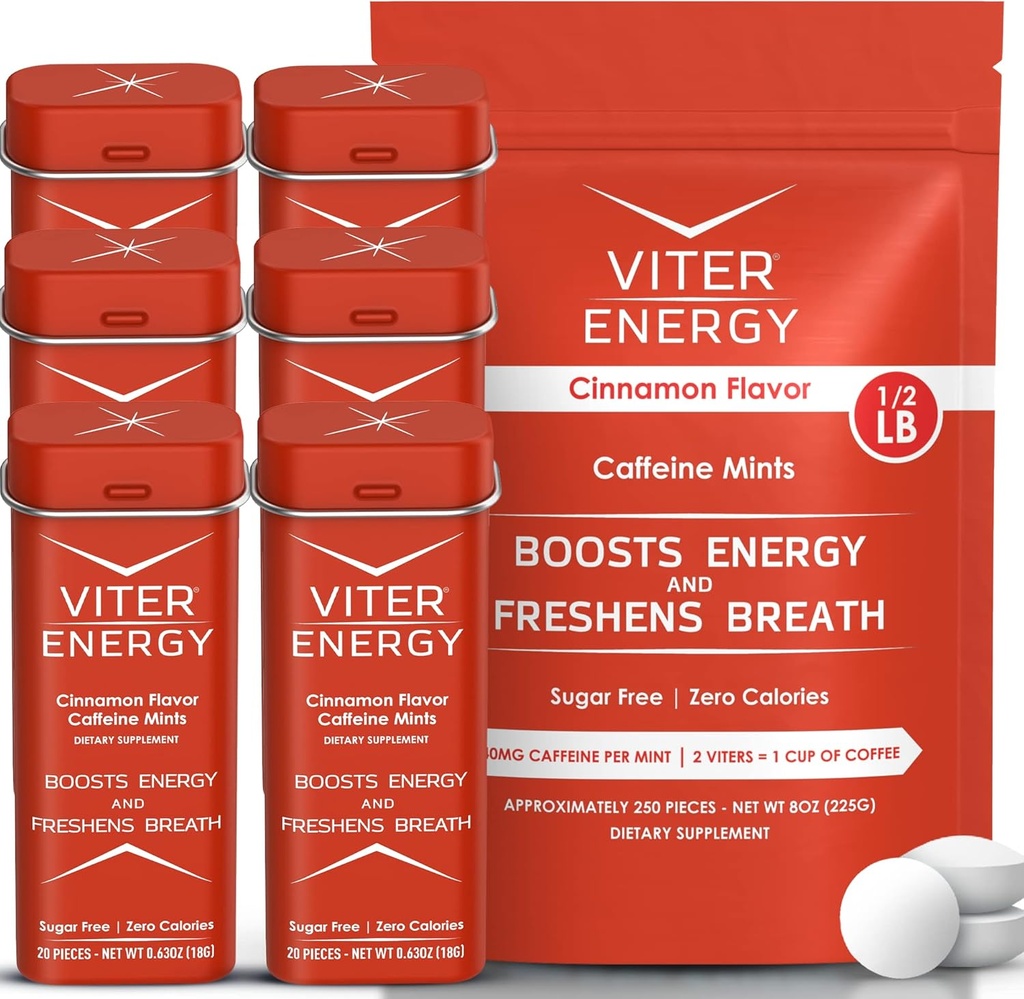 Viter 에너지 본래 카페인 Mints Cinnamon 풍미 6 팩과 1/2 파운드 대량 부대 뭉치 - 40mg 카페인, B 비타민, 설탕 자유로운, 채식주의자, 초점과 Alertness를 위한 강력한 에너지 승압기