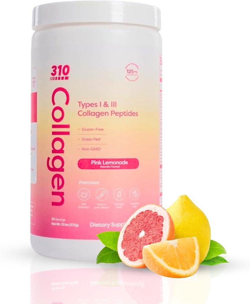 310 Ernæring Hydrolysert Collagen Peptider pulver for kvinner og menn - Grass-Fed Collagen Supplement m/Hyaluronsyre, Resveratrol, vitamin C,D & E for hud, hår og negler - 30 SRV rosa sitronade
