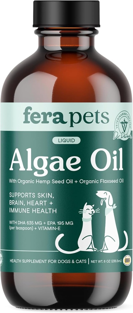 Fera Pets Algae Oil - Cats & Dogs Omega 3 Oil - Vegan - Immune, Heart, Brain, Skin and Coat Support - Incluye vitamina E, cáñamo orgánico Semillas " Aceite Flaxseed - 100% Omega-3 con base vegetal - 8 oz