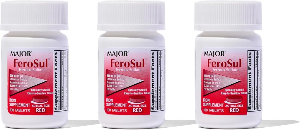 MAJOR Ferosul - Ferrous Sulfate 325mg Таблетки с 65mg Elemental Iron - Желязо Доплащане за жени, мъже - червено - 100 броя (3 опаковки)