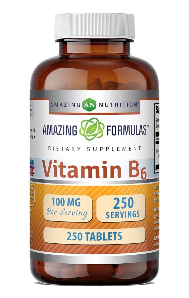 Amazing Formulas Vitamin B6 Supplement | 100 Mg per Serving | Tablets | Non-GMO | Gluten-Free | Made in USA (1 Pack, 250 Count)
