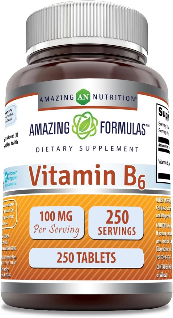 Fórmulas asombrosas Vitamina B6 Suplemento TENIDO 100 Mg por Serving TENIDO Tablets TENIDO NO Gluten-Free TEN Made in USA (1 Pack, 250 Count)