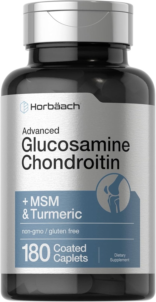 Horbäach Glucosamine Chondroitin ← MSM " Turmeric  180 Coated Caplets ← Non-GMO, Gluten Free Supplement