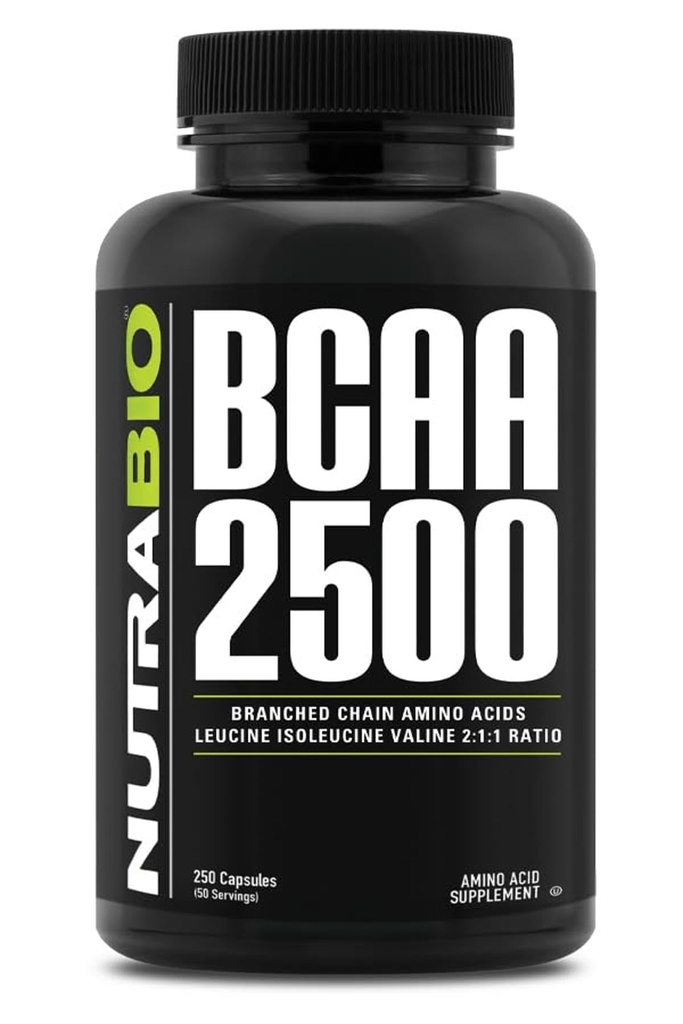 NutraBio – BCAA 2500 – Branched Chain Amino Acids – Support New Muscle Growth and Prevent Muscle Breakdown – 250 Capsules