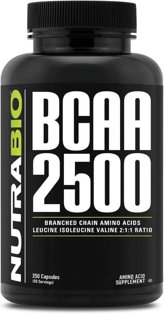 NutraBio - BCAA 2500 - Aminoácidos de cadea ramificada - soporte novo crecemento muscular e prevención da ruptura muscular - 250 cápsulas