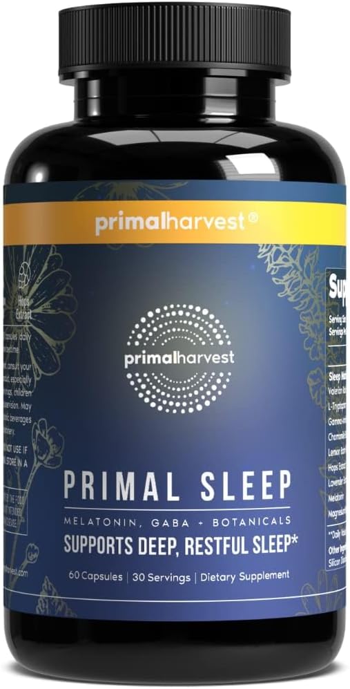Primal Harvest Primal Sleep Supplement for Adults with Melatoniini, GABA, Valerian Root, L-Tryptofaani, Magnesium Bisglysinaatti Chelate, ja kamomilla Syvään levonuneen